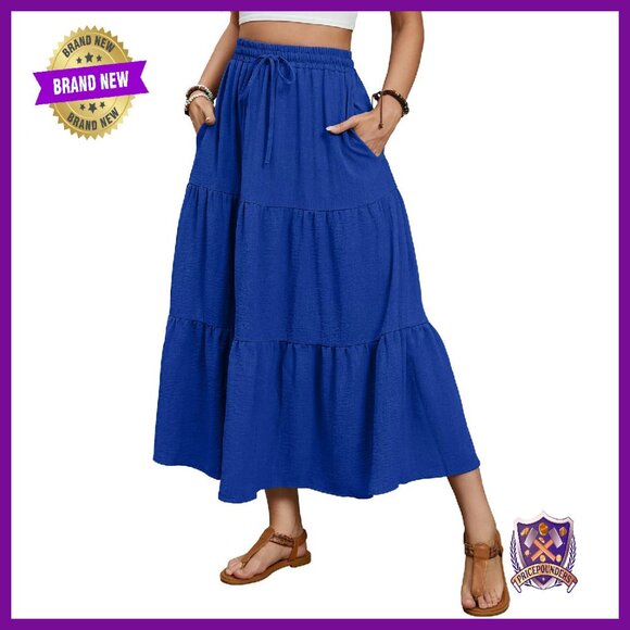 Dresses & Skirts - Maxi Skirt Elastic Waist A-Line Tiered Ruffle Long with Pockets